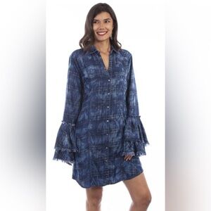 SCULLY  Western Rodeo Dress Womens Long Bell Sleeve Pearl‎ Snap Navy Plaid - S